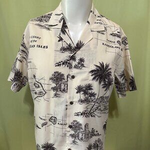 Vintage CT Hawaii Fashions Men's Beige Hawaiian Isles Chart Hawaiian Shirt Mediu